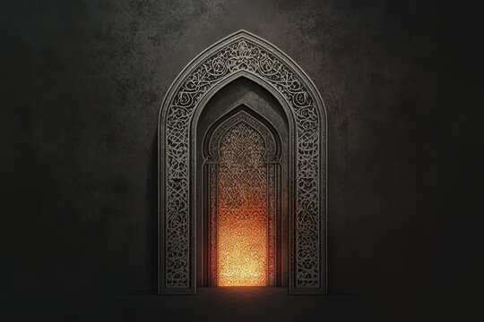An ornate archway glows brightly with warm light on darkness