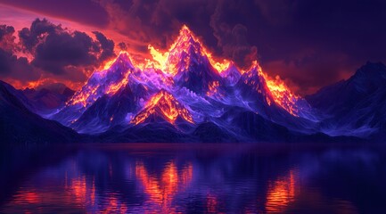 Fiery Mountains Reflected in Purple Lake