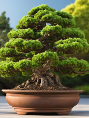 Bonsai Beauty: A beautifully sculpted bonsai tree, displaying meticulous care, stands in a ceramic pot. The branches are artfully shaped.