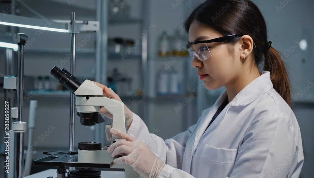Poster scientist using microscope in laboratory