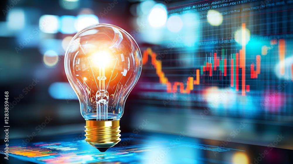 Poster illuminated lightbulb symbolizes financial insight against bokeh and stock market graph background