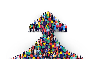Large group of people in the shape of an arrow, business, and technology.