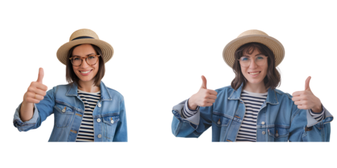  Woman in Straw Hat and Denim Jacket Giving Thumbs-Up isolated on transparent background PNG
