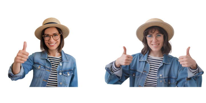  Woman in Straw Hat and Denim Jacket Giving Thumbs-Up isolated on transparent background PNG