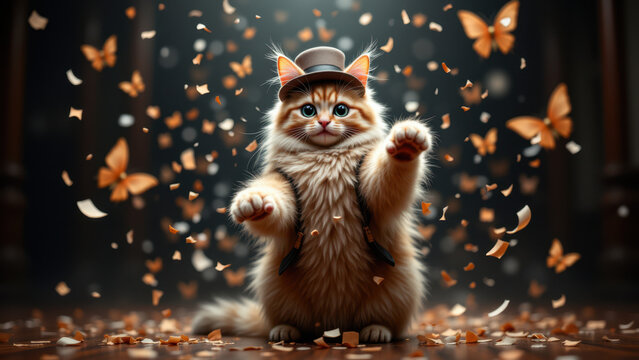 A whimsical portrait of a cat standing on its hind legs against a backdrop with butterflies and falling leaves.