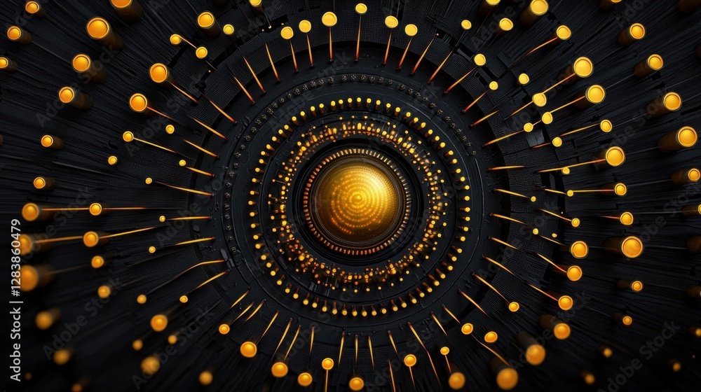Poster abstract view of a swirling pattern with golden orbs and radiating lines creating a mesmerizing vort