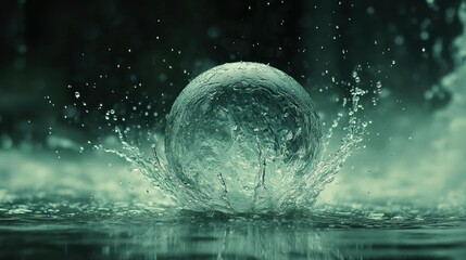 Glass sphere splashing in water, dark background, dramatic scene