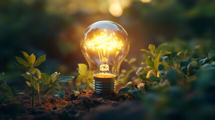 Luminous bulb nestled among green foliage symbolizing renewable energy, eco-friendly innovation, sustainable technology concept