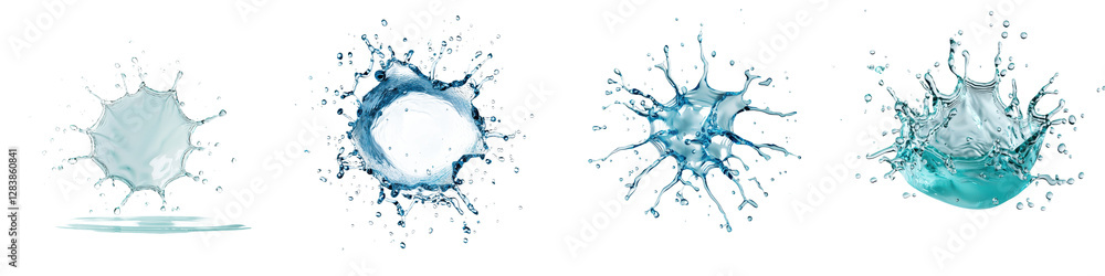 Poster dynamic water splash and liquid droplet explosion with overlapping transparent waves circles and bur