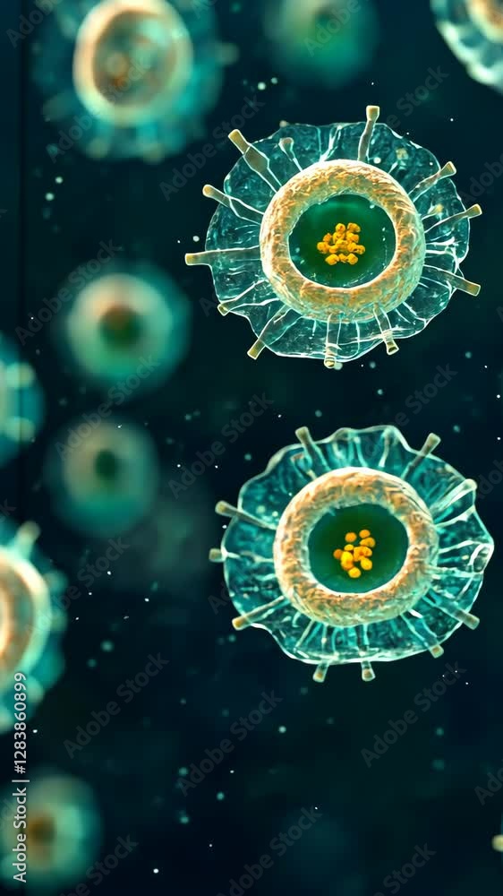 Poster microscopic view of cells showcasing intricate structures and vibrant colors in a scientific setting