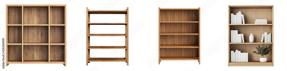 Poster empty minimalist wooden bookshelves or bookcases in a clean modern studio space simple contemporary 