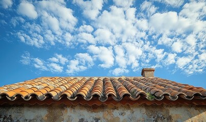 Rustic terracotta roof under a bright blue sky