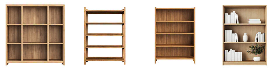 Empty minimalist wooden bookshelves or bookcases in a clean modern studio space  Simple contemporary design for displaying products books or other items  Blank background with copy space