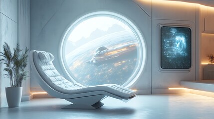 Fototapeta premium A minimalist futuristic lounge area with a floating geometric chair near a smart glass window displaying real-time holographic visuals of a space station,