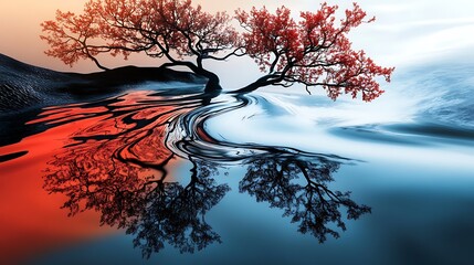 Autumnal Tree Reflection: Digital Painting of a Serene Waterscape AI Generated