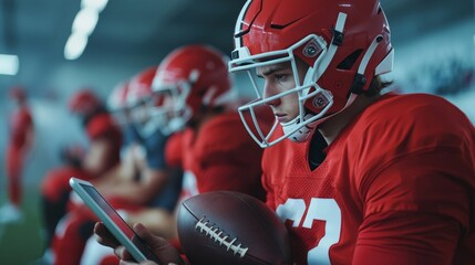 A quarterback training while reviewing game footage on a tablet. Featuring analysis and strategic improvement