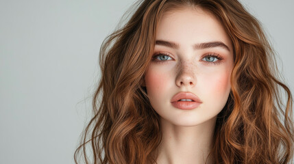 Fototapeta premium Close-up portrait of a young white woman with wavy brown hair, blue eyes, and freckles, highlighting natural beauty, skincare, and cosmetics. Perfect for fashion, makeup, and wellness branding.