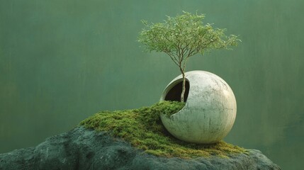 Eco-friendly funeral concept featuring a serene tree growing from a spherical urn surrounded by lush moss, symbolizing life and nature's harmony in remembrance