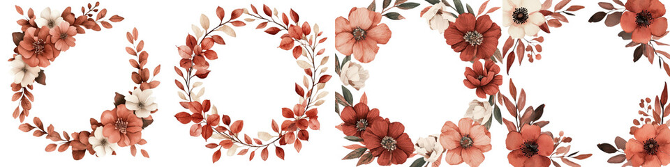 Fototapeta premium Autumn floral wreaths and botanical frames in rustic vintage style for elegant card invitation or wedding design Includes red white and green leaves flowers and branches in a natural