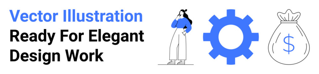 Female figure thinking, large gear focusing on systems, and money bag symbolizing financial goals. Ideal for business growth, entrepreneurship, innovation, strategy, productivity, automation flat