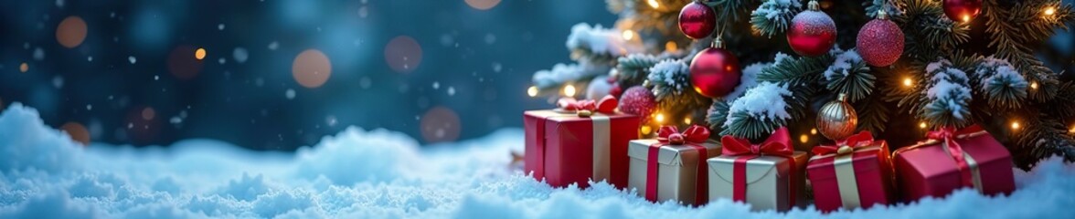 A snow-covered Christmas tree with presents under its branches, Colorful Ornaments, Bright Lights