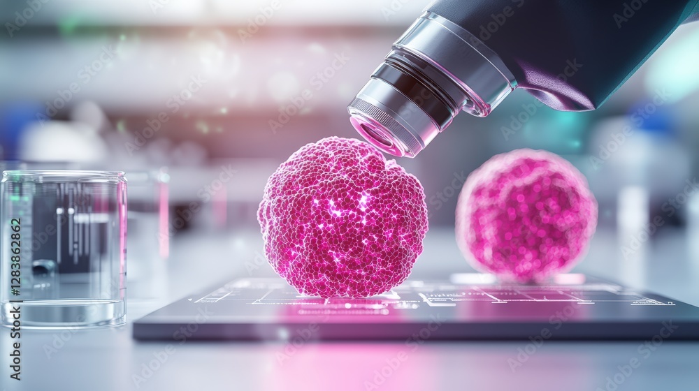 Poster scientists using microscope to examine pink ball and monitor cell growth with artificial intelligenc