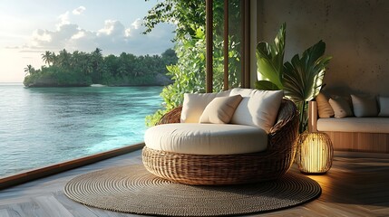 Obraz premium A modern tropical-themed living room with a wicker lounge chair and soft neutral cushions, glass wall showcasing clear ocean waters and distant islands,