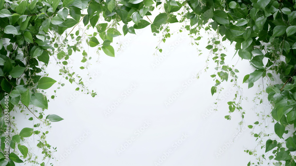 Aufkleber Branches with green leaves creating a natural frame on a white background, ideal for inserting text or images