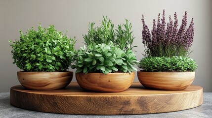 Fototapeta premium Three potted herbs (lavender, rosemary, thyme) on wooden tray.