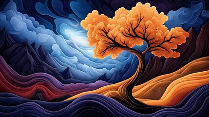 Obraz premium Abstract Autumn Tree Digital Painting: Wavy Landscape at Night AI Generated