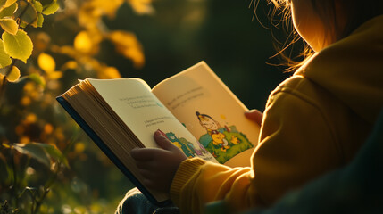 Obraz premium World Children's Book Day, close-up photography of a child reading a book with a green park background, an open book with a cheerful cartoon character on the page, ai generated images.