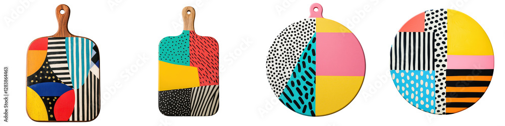 Poster vibrant and playful abstract geometric patterns displayed on wooden cutting boards modern and minima