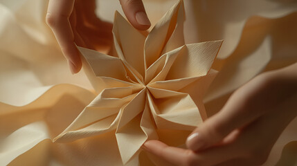 Hands carefully unfolding a meticulously folded star-shaped origami paper creation, bathed in soft light.