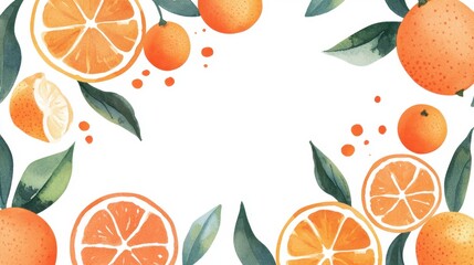 Fresh Orange Fruits with Green Leaves and Slices in a Watercolor Style for Vibrant and Bright Design Backgrounds, Illustrations, and Culinary Arts
