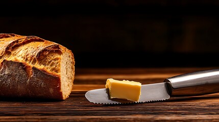 Freshly baked bread with a butter knife and a slice of butter on a rustic wooden table