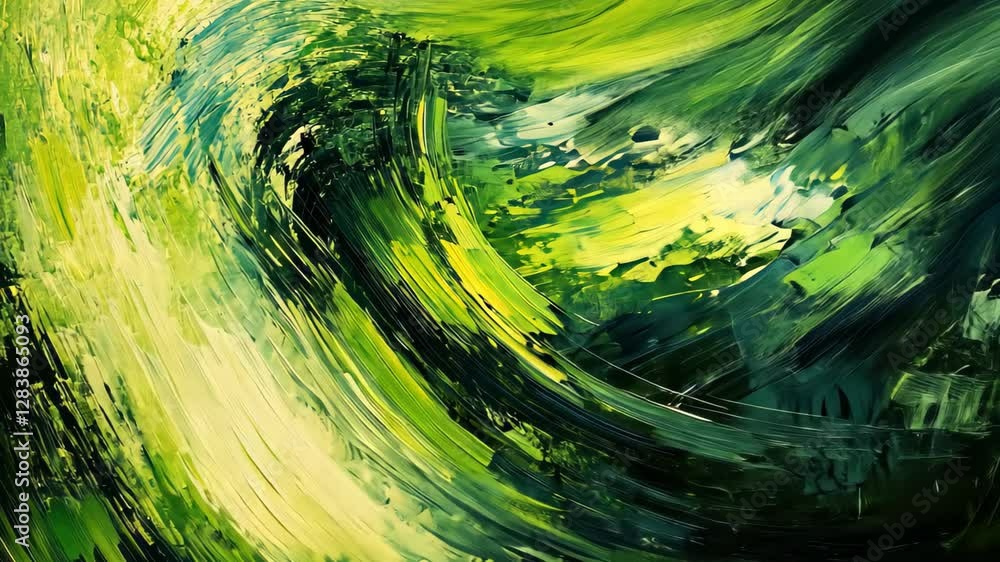 Poster dynamic abstract brush strokes in green tones creating an immersive visual experience, green symphon