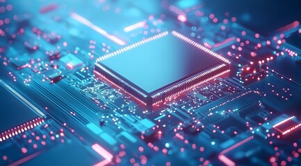 Abstract close-up of a glowing computer chip on a circuit board