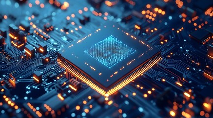 Close-up of a glowing CPU on a motherboard