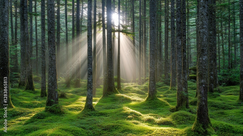 Poster sunlight filters through trees in a lush, green forest, creating a serene atmosphere.