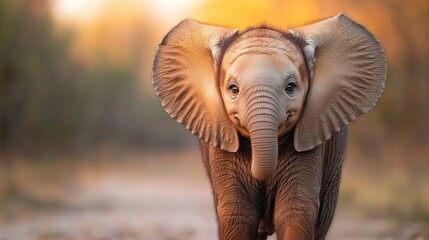 Baby Elephant Facing Forward in Forest at Sunset
