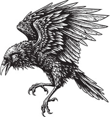  Detailed Vector Illustration of a Raven in Flight - Outline Art