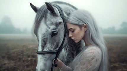 Obraz premium Freckled gray haired woman with her horse