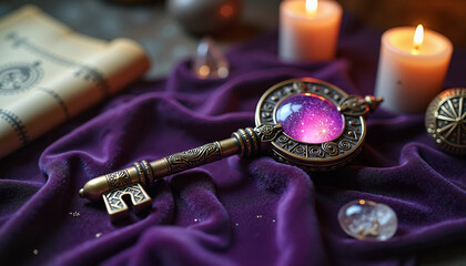 Mystical key with a galaxy orb resting on a purple velvet cloth surrounded by candles and crystal decor