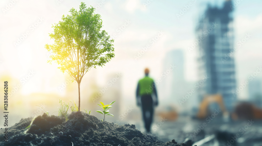 Aufkleber young sapling emerging amid construction debris, highlighting green building practices and ecosystem