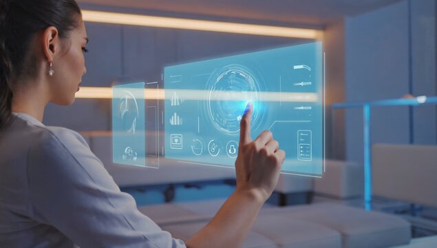 Woman interacting with futuristic holographic displays