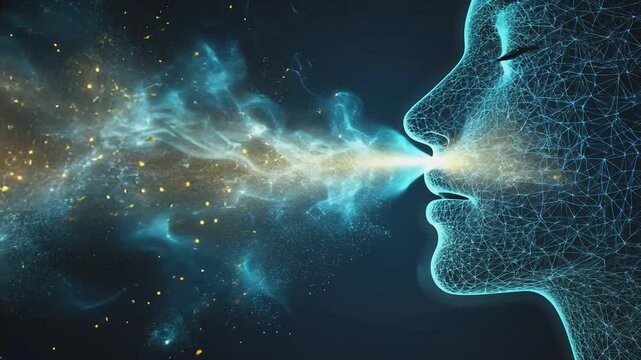 Abstract Breath: An artistic representation of breath, emanating from a human profile, depicted as a radiant, glowing cloud of energy, symbolizes life and the flow of ideas.