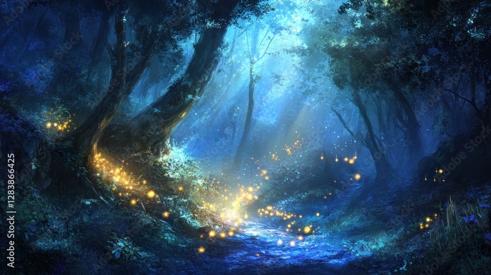 Poster a mystical forest illuminated by glowing lights, creating an enchanting atmosphere.