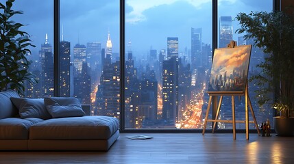 A serene artist's lounge with a minimalist sofa and easel, positioned near a tall glass window framing a dramatic skyline filled with gallery lights and creative districts,