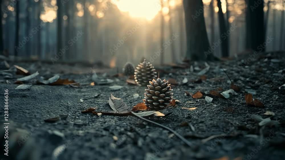 Poster pine cones resting on the forest floor with sunlight filtering through trees in the early morning