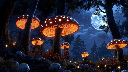 Naklejka premium Enchanted Forest: Glowing Mushrooms Under a Full Moon at Night - 3D Render AI Generated